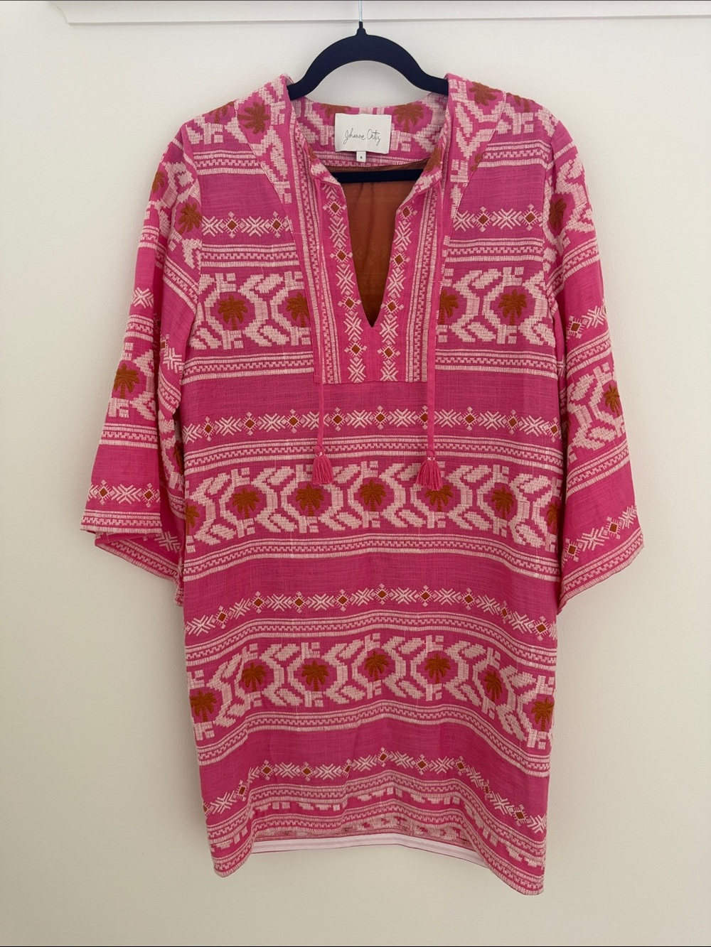 Johanna Ortiz Pink Embroidered Tunic with Tassel Tie